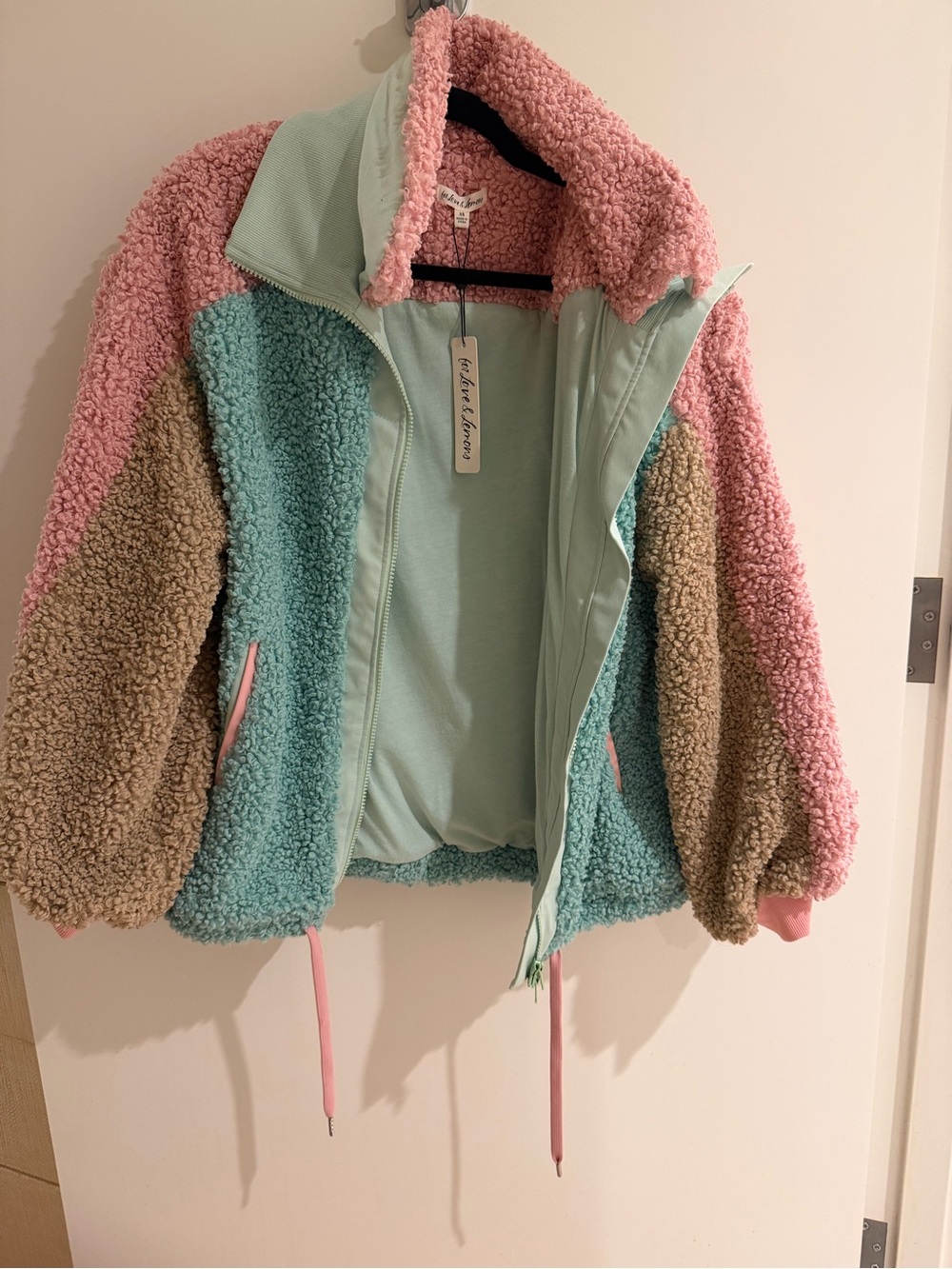 For Love & Lemons Colorblock Sherpa Jacket in Pink, Mint & Tan